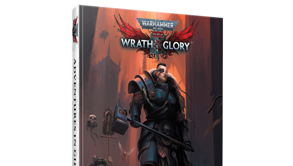A physical book titled "Adventures in Gilead" for Warhammer 40,000 Roleplay: Wrath & Glory is prominently displayed, featuring a striking cover illustration. The cover depicts a heavily armored character wielding a large hammer, standing in a dark, ominous environment filled with shadowy figures and gothic architecture. The title and logo are clearly visible at the top, with the subtitle "Adventures in Gilead" featured prominently at the bottom.
