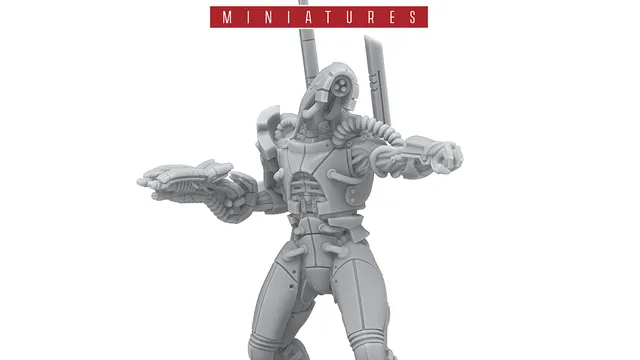 A detailed gray resin miniature from the Mass Effect universe stands on a circular black base, depicting a humanoid figure with a sleek, armored design. The figure features intricate mechanical details, including visible joints and a raised arm holding a weapon, suggesting a combat-ready stance. The Mass Effect logo is prominently displayed at the top, along with the Modiphius Entertainment branding at the bottom.