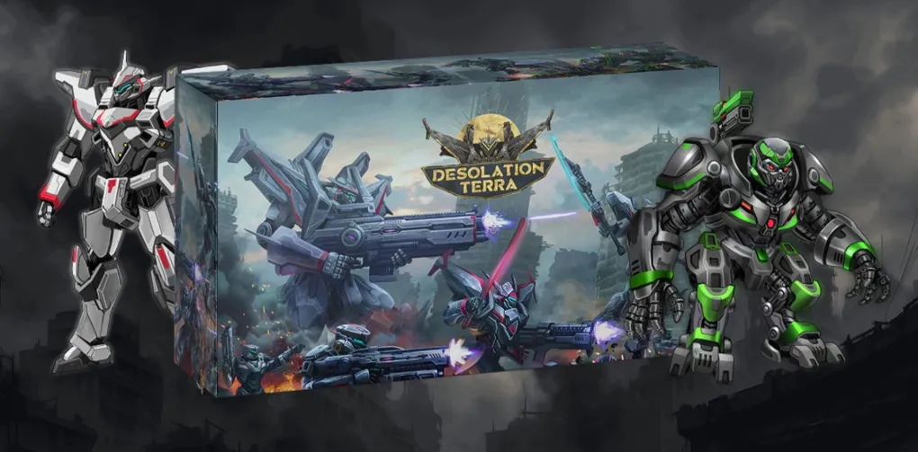 A large box for the game "Desolation Terra" features dynamic artwork depicting futuristic mechs engaged in battle, with vibrant colors and dramatic lighting. On the left, a detailed mech stands prominently, showcasing a sleek design with red and gray accents. The game's title is displayed at the top center, surrounded by a stylized emblem, enhancing the sci-fi theme of the scene.