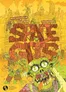 A vibrant illustration features a chaotic scene filled with cartoonish space orcs, each displaying exaggerated features and expressions, set against a bright yellow background. The title "SPACE GITS" is prominently displayed in bold, blocky letters, surrounded by various orc characters engaging in raucous activities amidst a backdrop of debris and makeshift structures. The overall tone is playful and energetic, capturing the essence of a fun, chaotic skirmish game.