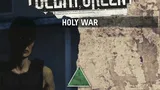 A person in dark clothing holding a firearm, with a blurred face. The background features a textured, worn wall with a green triangular symbol. Above the person, the text "HOLY WAR" is visible. At the top of the image, partially obscured text includes "DELTA GREEN".