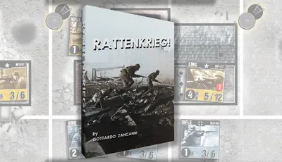A game box for "RATTENKRIEG!" features a dramatic black-and-white image of two soldiers navigating through a war-torn landscape, emphasizing the game's focus on the Battle of Stalingrad. The title "RATTENKRIEG!" is prominently displayed in bold, white letters at the top, with the designer's name, Gottardo Zancanni, listed below. In the background, various game components, including counters and maps, are partially visible, hinting at the game's intricate mechanics and immersive experience.