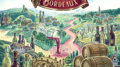 A vibrant, illustrated scene of the Bordeaux wine region. Rolling green vineyards stretch across the landscape, dotted with small houses and a stone aqueduct. A winding river flows through the center, with red wine pouring from bottles and barrels into the water. Multiple wine bottles, glasses, and wooden barrels are scattered throughout the scene. In the background, a village with houses and a church sits among the hills. A decorative banner at the top reads "Bordeaux," flanked by grape clusters.