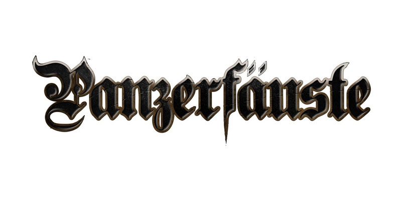 The logo for "Panzerfäuste" features the game's name in an ornate, gothic-style font. The letters are predominantly black with a slight metallic sheen, giving it a bold and striking appearance. The design includes sharp edges and flourishes, particularly on the letters "ä" and "f," which add a sense of fantasy and drama to the overall look. The logo is set against a plain white background, enhancing its visibility and impact.