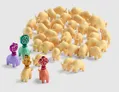 Four toy elephants in bright colors—purple, green, gold, and pink—each with decorative headpieces. Large group of identical beige elephants in background. White surface.