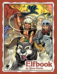 A blonde elf with long hair and a gold armband rides a snarling black wolf with its tongue out. Behind her, a smaller elf in a blue helmet and red scarf rides a gray wolf. The background is a swirling, colorful fantasy landscape with abstract shapes. The word "Elfbook" is visible in red text at the bottom.