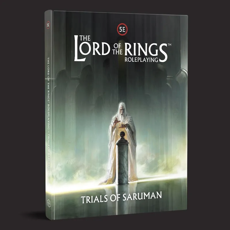 A book cover for "Trials of Saruman" from The Lord of the Rings roleplaying game features a central figure of Saruman the White, depicted with long white hair and robes, standing before a stone pedestal. The background is ethereal, with soft, glowing light and shadowy architectural elements that suggest a mystical setting. The title "TRIALS OF SARUMAN" is prominently displayed at the bottom, with the logo for the 5E system at the top.