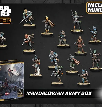 A collection of 36 miniatures from the Mandalorian Army Box for the Star Wars: Legion game is displayed, featuring various Mandalorian characters in dynamic poses. The miniatures are set against a dark background, with a prominent box at the bottom left labeled "MANDALORIAN ARMY BOX" and the text "INCLUDES 36 MINIATURES!" highlighted above. The miniatures showcase a range of armor designs and weapons, reflecting the diverse Mandalorian culture and their combat readiness.