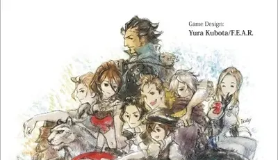 The cover of the "Octopath Traveler TRPG Rulebook" features a colorful illustration of eight characters from the game, each with distinct appearances and poses, gathered together in a dynamic composition. Prominent in the center is a character with dark hair, flanked by a mix of heroes and a large wolf, all set against a soft, watercolor-like background. The title "OCTOPATH TRAVELER" is displayed at the top, with "TRPG RULEBOOK" beneath it, and the game designer's credit is noted at the bottom.