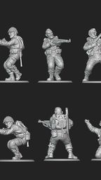 A collection of 28mm scale miniatures representing American soldiers from World War II is displayed, featuring various poses and stances. The figures include Airborne paratroopers, Rangers, and other military personnel, all intricately detailed and rendered in a metallic finish. The arrangement showcases multiple soldiers aiming weapons, gesturing, and preparing for action, highlighting the diversity of the U.S. armed forces during the 1944 campaign to liberate France.