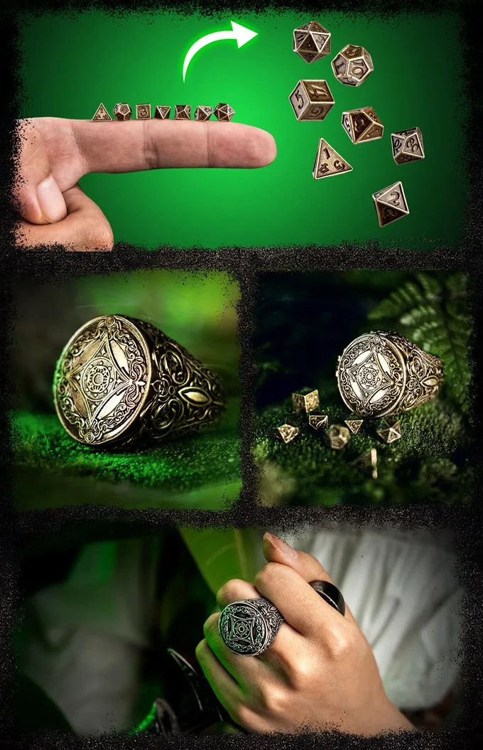 A collection of fantasy-themed rings is displayed, featuring intricate designs and a hidden compartment for miniature RPG dice. The top section shows a hand with a finger pointing upwards, with several polyhedral dice floating above it against a green background. The middle section highlights a detailed ring with a sculpted design, resting on a textured surface, while the bottom section features a hand wearing a different ring, showcasing its ornate details alongside more miniature dice.