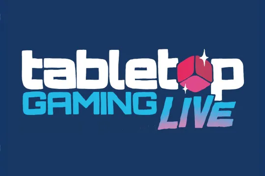 The logo for "Tabletop Gaming Live" features bold, playful typography on a dark blue background. The word "tabletop" is in white, while "GAMING" is in a vibrant blue, and "LIVE" is in a gradient of pink to purple, with a stylized red gaming die incorporated into the design. The overall look is dynamic and inviting, reflecting the excitement of the event.