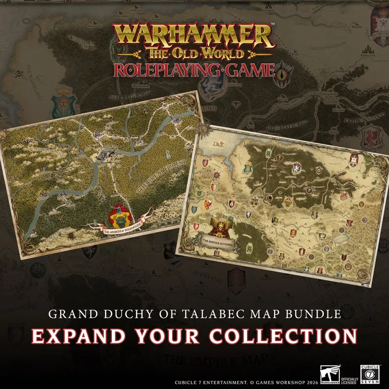 Two detailed maps are displayed side by side, featuring the Grand Duchy of Talabec and the Empire in 2276 IC, both designed for the Warhammer: The Old World Roleplaying Game. The left map shows the Talabec region with notable landmarks and a vibrant color palette, while the right map illustrates the broader Empire, adorned with various heraldic symbols. The text "GRAND DUCHY OF TALABEC MAP BUNDLE" and "EXPAND YOUR COLLECTION" is prominently featured at the bottom.