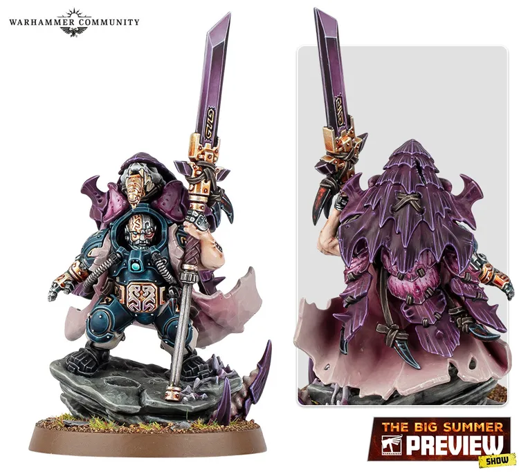 A detailed miniature of a character from the Leagues of Votann, featuring a figure clad in intricate armor with a mix of blue and purple tones. The character wields a large, ornate sword and stands on a rocky base adorned with grass and purple accents. The back of the figure showcases a flowing cape with a textured design, emphasizing its unique and formidable presence.