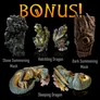 Five fantasy-themed miniature figurines on black background: stone mask labeled "Stone Summoning Mask," two dragon hatchlings labeled "Hatchling Dragon," wooden mask labeled "Bark Summoning Mask," and coiled dragon labeled "Sleeping Dragon." Bold yellow-orange text reads "BONUS!" at top.