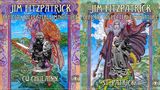 The image features two collectible miniature boxes from Lucid Eye Publications, showcasing artwork inspired by Jim Fitzpatrick. On the left, the box for "Cú Chulainn" displays a dynamic illustration of the legendary hero, adorned with intricate Celtic patterns and vibrant colors. On the right, the "St. Patrick" box features a detailed depiction of the saint, surrounded by swirling clouds and lush greenery, with a sculpted miniature prominently displayed in the foreground.
