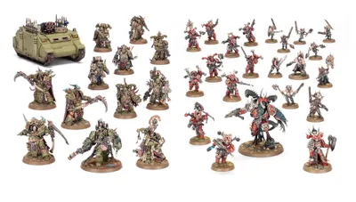 A collection of miniatures representing the forces of Khorne and Nurgle from Games Workshop. On the left, a green armored vehicle is accompanied by several Nurgle-themed figures, characterized by their grotesque details and muted colors. On the right, Khorne warriors are depicted in vibrant red and black armor, showcasing a variety of weapons and dynamic poses, all set on circular bases.