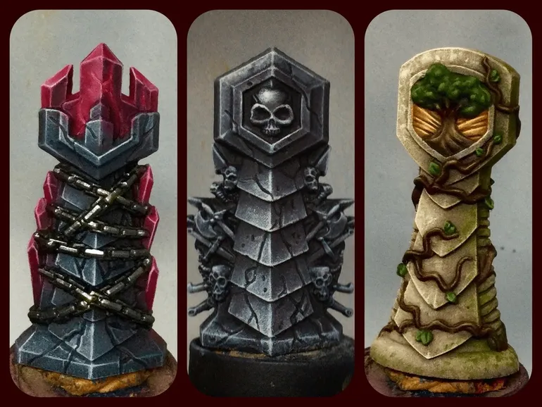 The quest markers from the core game of Return to Dark Tower painted