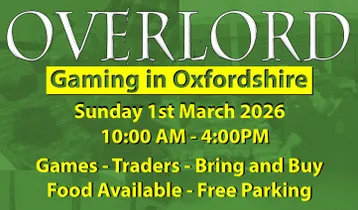 A promotional graphic for the Overlord Wargaming show features bold text on a vibrant green background. The title "OVERLORD" is prominently displayed at the top, followed by details about the event, including the date—Sunday, 1st March 2020—and the time—10:00 AM to 4:00 PM. Additional information highlights activities such as games, traders, a bring-and-buy sale, and mentions that food will be available along with free parking.