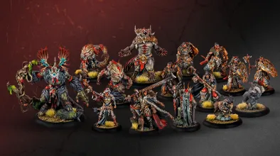 A diverse group of fantasy miniatures is displayed, featuring various characters and beasts from the Old Umbrey Core Expansion. Prominent figures include a muscular warlock with a fierce expression, flanked by werewolves and a large, imposing beast. The scene is set against a dark background, with vibrant colors highlighting the intricate details of the miniatures, including their armor, weapons, and dynamic poses, while patches of grass add a touch of realism to the base.