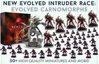 Miniature models of grotesque, muscular humanoid creatures with elongated limbs, fangs, and spiked skin, arranged in rows. Some stand upright, others crouch or kneel. Text reads: "Evolved Intruder Race" and "Special Edition Models," "Quality Miniatures and More!"