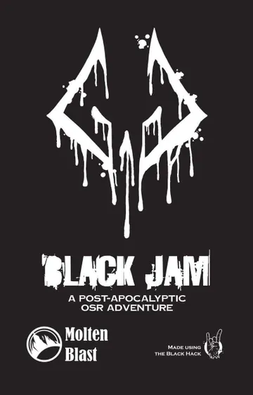 Stylized white line-art illustration on a black background depicting two skeletal hands gripping each other by the wrist. Below the hands, bold white capital letters read "BLACK JAM." Underneath, smaller white text reads "A POST-APOCALYPTIC OSR ADVENTURE."