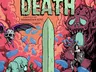 "Dungeon Death" title, sword, skull, bat, monster, shield, flames, and blue drops.