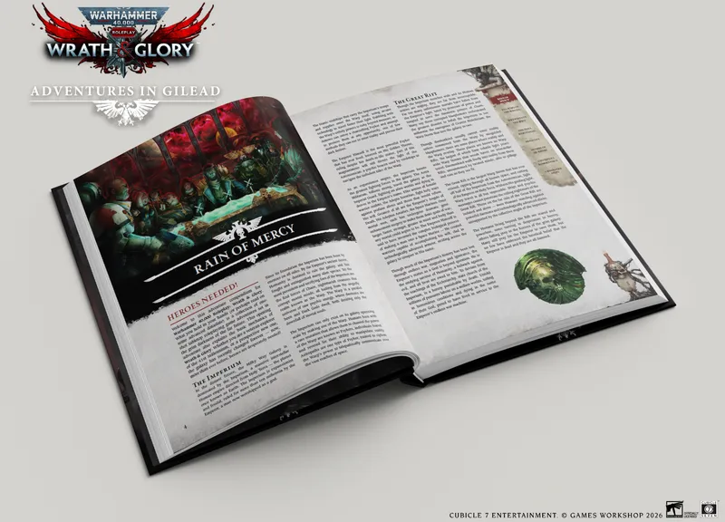 An open book displays the title "Rain of Mercy" prominently at the top, with the subtitle "Heroes Needed!" beneath it. The left page features a dramatic illustration of various characters, including armored figures and a central table, set against a dark, atmospheric background. The right page contains text detailing the adventure, with sections labeled "The Imperium" and other narrative elements, all presented in a stylized layout typical of tabletop roleplaying game publications.