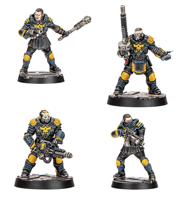 Four miniatures of Palanite Enforcers are displayed, showcasing their imposing designs. Each figure is heavily armed and armored, featuring a color scheme of black and yellow, with distinctive insignia. The miniatures include various weapons such as a shock baton and a firearm, emphasizing their role as law enforcers in the Necromunda setting.