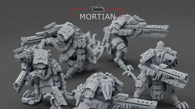 A group of five armored cyberrats is displayed, showcasing intricate details in their design. Each rat is equipped with distinctive rifles, featuring both long and short barrels, and is adorned with various mechanical components and armor plating. The models are presented in a gray, unpainted finish, highlighting their sci-fi aesthetic and the craftsmanship involved in their sculpting.