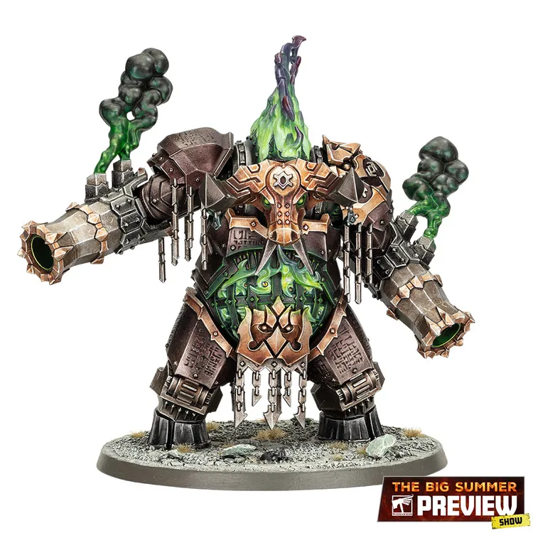 A large, imposing figure known as the Dominator Engine stands prominently, featuring a heavily armored body with intricate metallic details and chains hanging from its torso. Its arms are equipped with massive, cannon-like appendages that emit green smoke, suggesting a connection to chaotic energies. The central part of the figure glows with a green light, contrasting with the dark metallic colors, and the base is adorned with rocky terrain, enhancing its menacing presence.