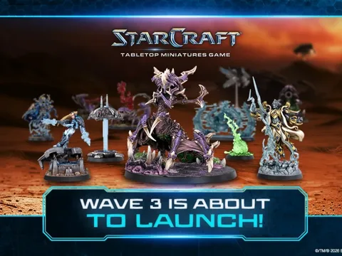 Six miniature figures on a tabletop: a purple Zerg creature with wings and claws, a Terran soldier with a gun, a green Zerg figure, a Terran ghost in white armor, a Protoss warrior with a sword, and a Protoss commander with a staff.