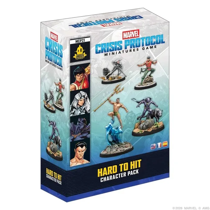 Marvel Crisis Protocol Miniatures Game Hard To Hit Character Pack box with 5 miniatures and character portraits.