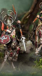 A trio of elven centaur models from the Kurnoth’s Heralds warband stands prominently in a lush, forested setting. Each figure is intricately detailed, featuring ornate armor and antlered helmets, with vibrant colors highlighting their unique designs. The central figure wields a spear and shield, while the others are posed with weapons, showcasing their readiness for battle amidst a backdrop of moss and twisted branches.
