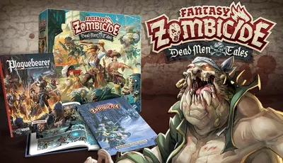 A vibrant display features the "Fantasy Zombicide: Dead Men Tales" box set prominently, showcasing colorful artwork of pirate characters engaged in action. Next to the box, a hardcover book titled "Plaguebearer" and a graphic novel are visible, both adorned with detailed illustrations. In the foreground, a large, menacing zombie character with a bandana and tattered clothing adds a dramatic touch to the scene, emphasizing the game's adventurous and fantastical theme.