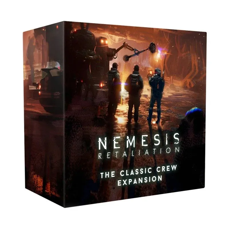 A box cover featuring a dark, industrial sci-fi setting with three figures in futuristic armor walking away from the viewer. A large mechanical arm and glowing lights are visible in the background. The text on the box reads "NEMESIS RETALIATION" and "THE CLASSIC CREW EXPANSION".