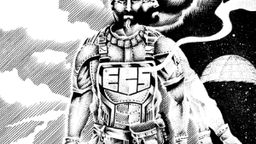 A rugged space explorer stands prominently in the foreground, wearing a detailed, futuristic suit adorned with various gadgets and tools. His expression is serious, and he holds a device in one hand, while the other reaches toward a ghostly, skeletal hand emerging from the ground. The background features a stark contrast of dark and light, with swirling clouds and a distant planet, creating an eerie atmosphere that complements the themes of horror and existential dread.