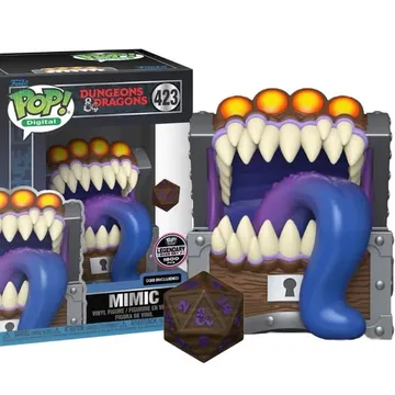A Funko POP collectible features a Dungeons and Dragons Mimic designed as a treasure chest with a wide, gaping mouth filled with sharp teeth and a long, purple tongue. The Mimic is brightly colored, with orange accents on top, and is accompanied by a D20 die in front, showcasing intricate designs. The packaging displays the Funko logo and the number "423," indicating its series.