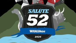 A stylized graphic for Salute 52 features a central shield with the text "SALUTE 52" prominently displayed, flanked by the words "SOUTH LONDON WARLORDS" and the year "2025." Surrounding the shield are four characters: a warrior with a sword and shield, a bagpiper, a soldier in a red coat, and a woman with red hair and a blue mask. In the background, there are elements like a dinosaur and a Highland cow, set against a dramatic sky with lightning. The bottom of the image includes the phrase, "There can be only one day of SALUTE!"