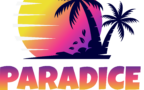 A vibrant logo for "Paradice" features a stylized sunset with a gradient of yellow to pink, set against a dark blue silhouette of palm trees. The word "PARADICE" is prominently displayed in bold, colorful letters at the bottom, blending shades of pink and orange. The overall design evokes a tropical and inviting atmosphere, perfect for a board game convention.