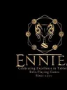 Gold-colored logo on a black background. The logo features a stylized shield with a decorative border. At the center of the shield is a goblet flanked by two dragon-like creatures with wings spread. Surrounding the shield are six circular medallions, each containing a different symbol: a six-sided die showing a 12, a flame, a stylized eye, a sword crossed with a scroll, a gear, and a triangle with a line through it.

Below the shield, the text reads:
"ENNIES
Celebrating Excellence in Tabletop
Role-Playing Games
Since 2001"