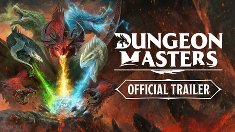 A dramatic illustration features five dragons emerging from a volcanic landscape, each representing a different elemental color: red, blue, green, black, and white. The dragons are depicted with fierce expressions, and they are breathing streams of colored energy—red, blue, green, and yellow—into a central glowing D20 die, which is emblazoned with the letters "DM." The background is filled with fiery and smoky textures, enhancing the intense atmosphere of the scene.