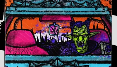 A vibrant and chaotic cover for the "Fool's Fuel" rulebook features a greenskin character with pointed ears and a fierce expression, seated in a vehicle. The background is filled with a surreal landscape of jagged mountains and an orange sky, creating a sense of mayhem. The title "FOOL'S FUEL" is prominently displayed in bold, green lettering, emphasizing the game's theme of vehicular skirmishes and magical chaos.