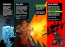 A stylized character in heavy armor and helmet firing a large gun, surrounded by orange-yellow explosion effects. Text describes "FULL AUTO," "MALFUNCTION ROLL," and "MELEE COMBAT" rules, including weapon stats (e.g., "Reil D20," "ACC DR 12") and combat mechanics like "Called Strike."