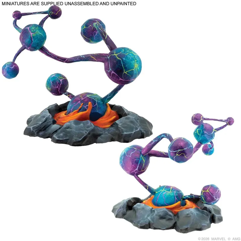 A set of two unassembled and unpainted miniatures representing Dimensional Rifts, featuring colorful orbs connected by twisting tendrils. The orbs are primarily blue and purple with electric-like patterns, set atop a rocky base with orange and gray elements that suggest a volcanic or otherworldly environment. The miniatures are designed for use in the Marvel: Crisis Protocol game, enhancing the thematic gameplay experience.