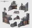 Miniature plastic battlefield terrain set featuring six interconnected ruined buildings with gothic architectural details. Dark, weathered paintwork with exposed brick, stone, and wood textures. Some structures have arched doorways, windows, and decorative carvings.