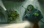 Two armored Stormers in combat: one with green tentacle-like hair, helmet, and heavy weapon raised, the other in green tactical gear holding a sidearm. Dark, industrial setting with mist and exposed pipes.