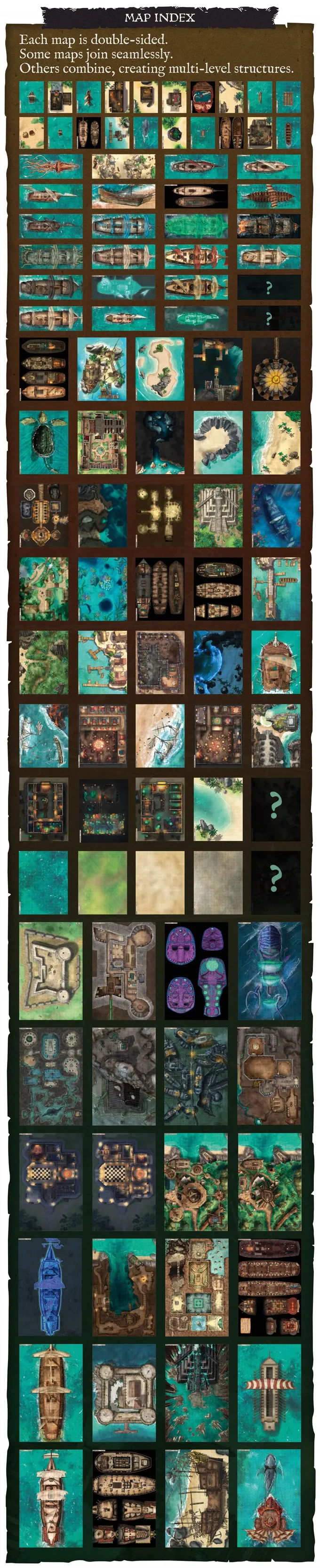 A grid of 25 square tiles arranged in 5 rows and 5 columns. Each tile depicts a different top-down illustrated map or texture: coastal villages, docks, ships, interiors of buildings with furniture and lighting, islands, water, grass, sand, stone, and fabric textures. Two tiles in the bottom right corner show a question mark on a dark background.