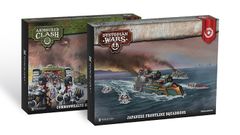 Two boxed sets are displayed side by side. On the left, the "Armoured Clash" box features artwork depicting soldiers with heavy weaponry, hinting at the Commonwealth Heavy Regiment. The right box, labeled "Dystopian Wars," showcases a fleet of ships, including the Japanese Frontline Squadrons, navigating turbulent waters with smoke rising in the background. Both boxes are designed with vibrant colors and detailed illustrations, emphasizing their respective themes.