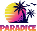 A vibrant logo for "Paradice" features a stylized sunset with a gradient of yellow to pink, set against a dark blue silhouette of palm trees. The word "PARADICE" is prominently displayed in bold, colorful letters at the bottom, blending shades of pink and orange. The overall design evokes a tropical and inviting atmosphere, perfect for a board game convention.